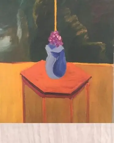 Early Robert Colescott still life painting of a vase of flowers on a hexagonal table