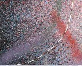 Detail of the painting's spiraling red and blue spray-painted texture