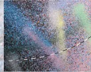 Detail of the painting's blue, yellow, and green spiral